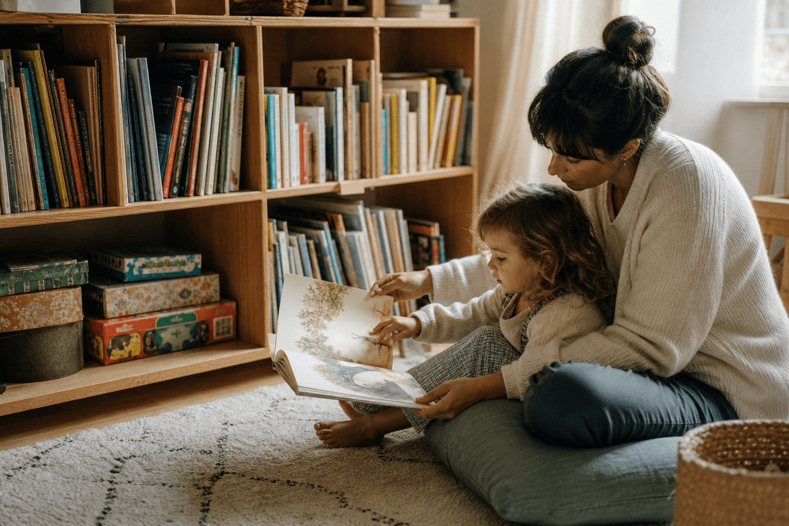 Moment de lecture partagé dans une bibliothèque familiale